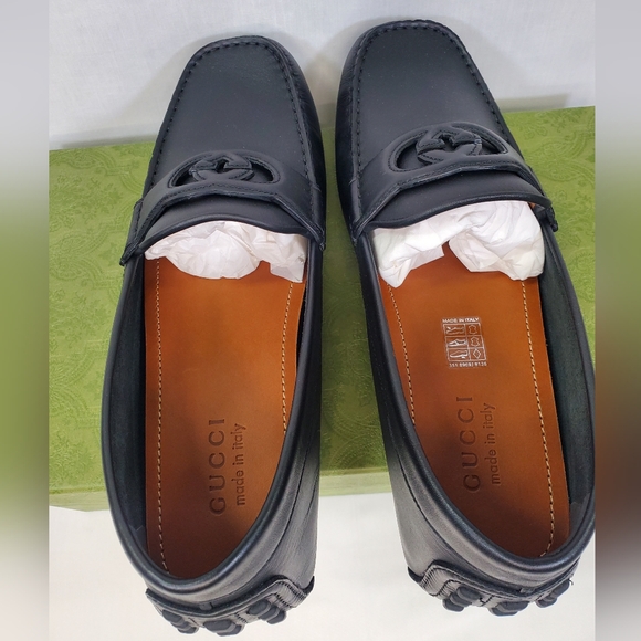 GUCCI AYRTON BLACK SOFT LEATHER INTEROCKING G DRIVER MOCCASINS SHOES SZ UK/G 10+ - Picture 5 of 10